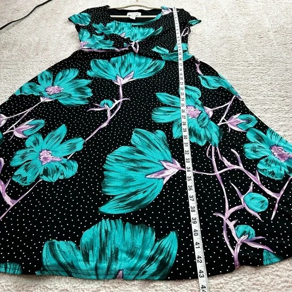 Joseph Ribkoff Black Dress Teal Floral Design Polka Dot Stretch Jersey Size 10 - Picture 8 of 12